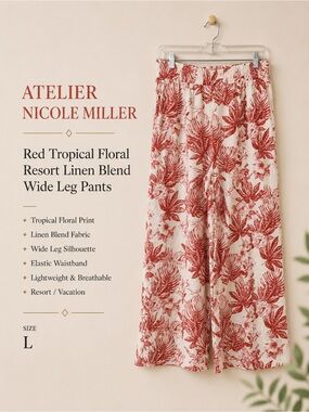 Artelier Nicole Miller Red Tropical Floral Resort Linen Blend Wide Leg Pants L